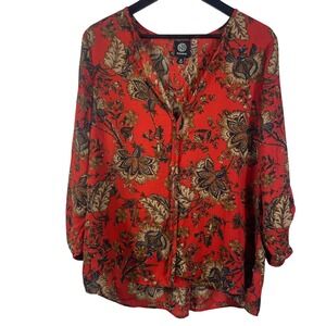 Bobeau Red Floral Print Blouse‎ Women M Boho Peasant Top Long Sleeve Lightweight